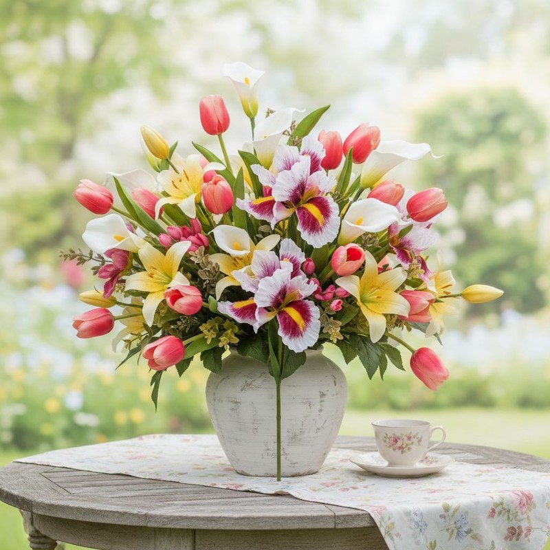 Faux Iris Flower Stems White Pink Yellow Floral Stems Artificial Flowers Cottage gallery