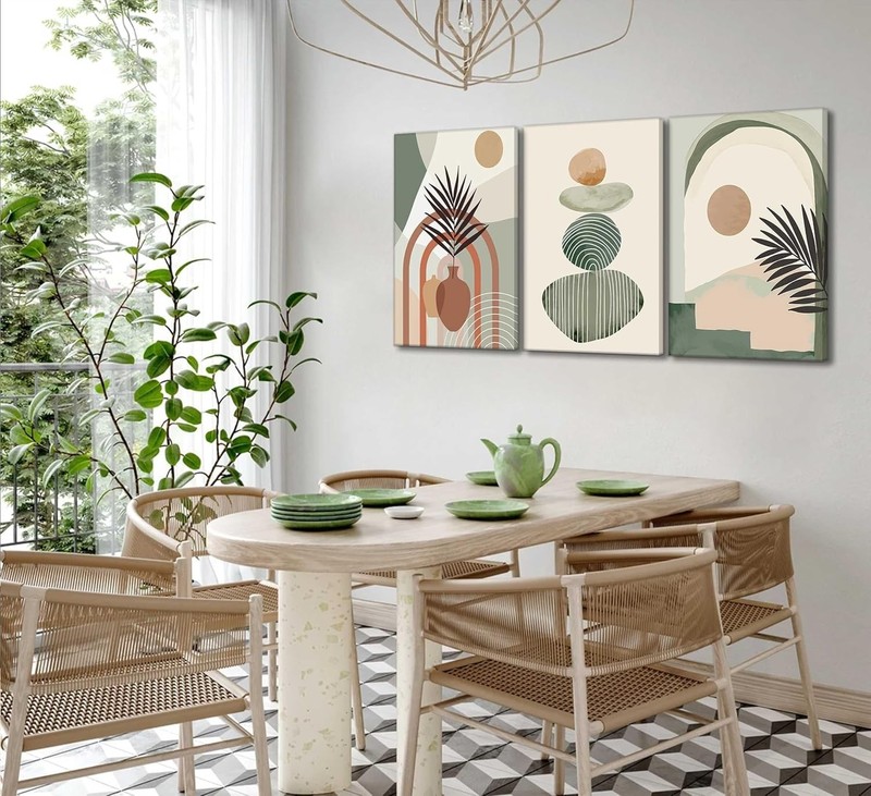 3Pcs Mid-Century Modern Boho Abstract Canvas Wall Art — Neutral Green Bohemian..