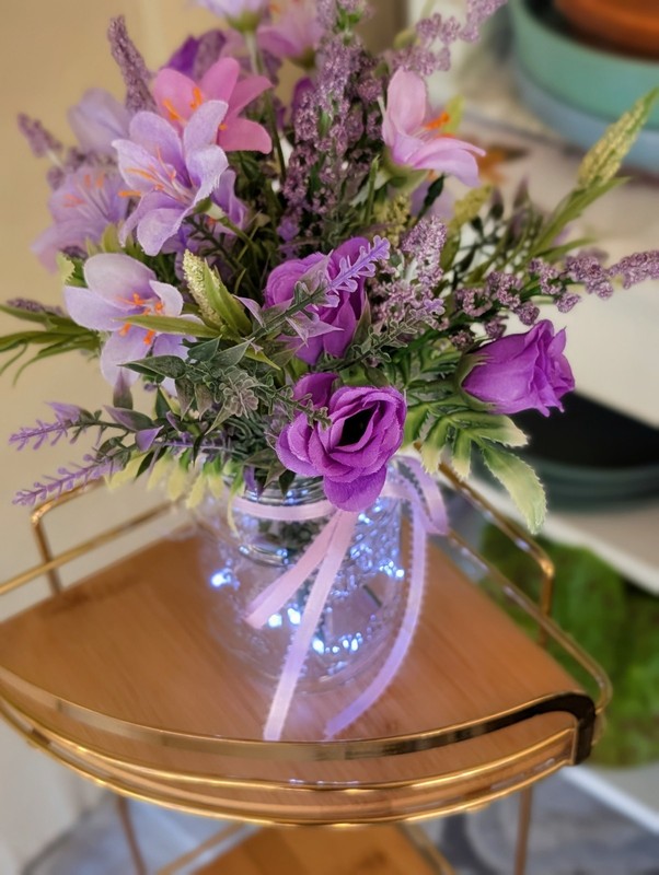 Purple Floral Arrangement, Mini Roses, Fressia, Lighted Mason Jar (Timer) gallery