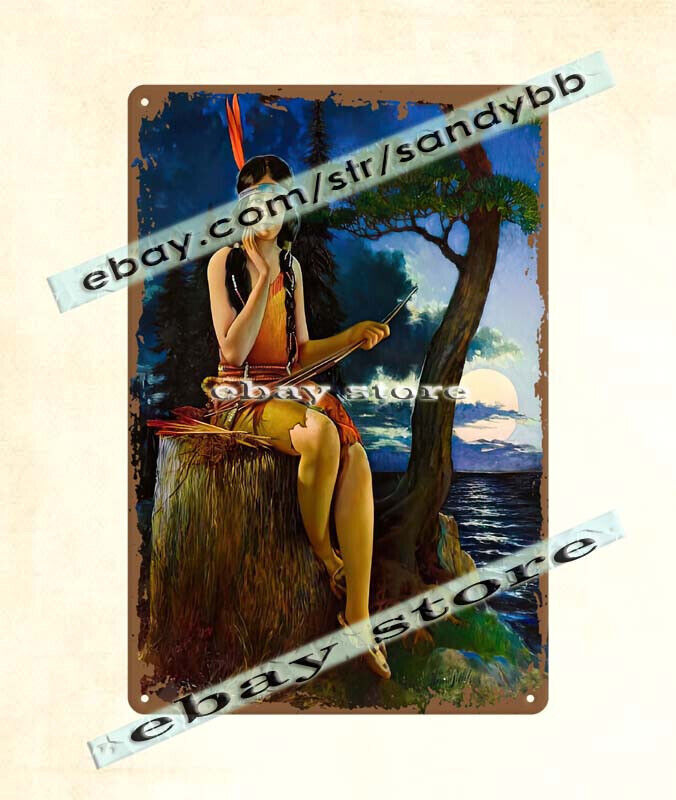 1900-1915 Native American Indian Maiden bow arrow metal tin sign bar design