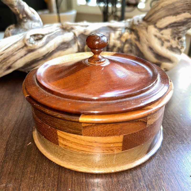 Vintage Hand Turned Multi Wood Inlayed Teak Lidded Bowl Tobacco Jar
