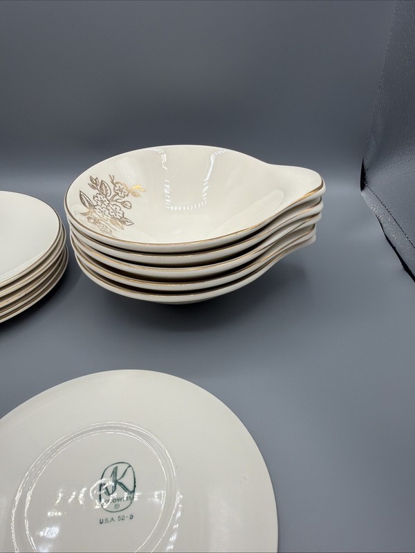 Vtg Set Handled Bowl Plate Set- Knowles USA 52-9 52-7 Gold Rim Floral design gallery
