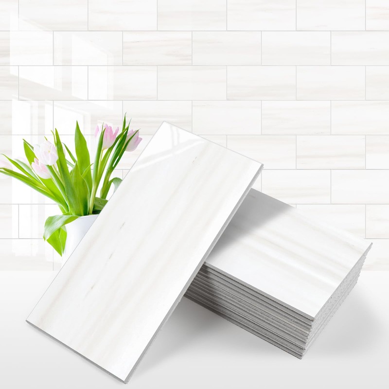 100-Piece Glossy Dolomite White Peel and Stick Backsplash Tile,3”x6” PVC Su…