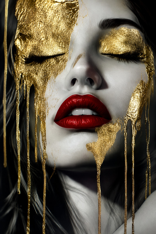 Gold Leaf Woman Portrait Canvas Wall Art Modern Glam Black White Red Lips Luxury