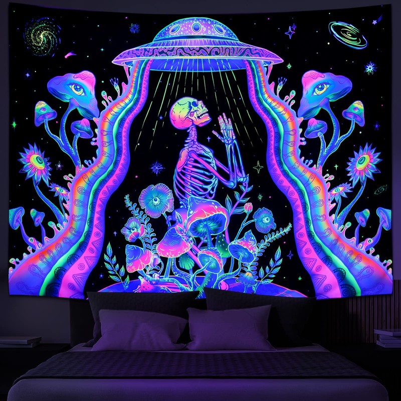 Blacklight Skeleton Tapestry Neon Mushroom Floral Tapestries UV Reactive Alien