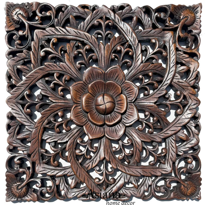 Carved Wood Wall Plaque Panels. 17.5″ x17.5″ Wall Art Asian Home Decor. Brown