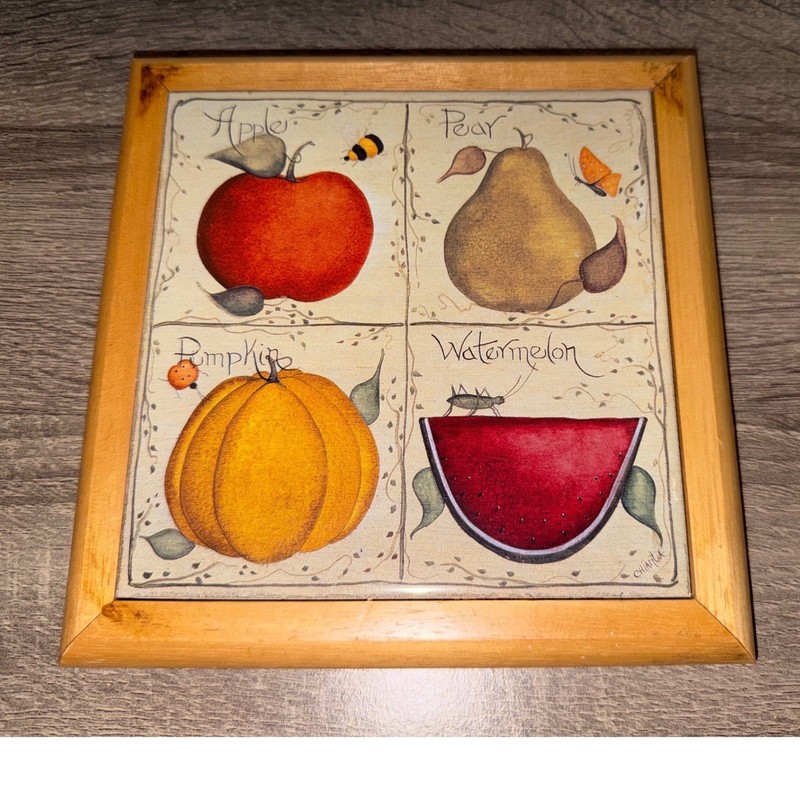 Vtg Trivet Wall Hanging Ceramic Wood Artist Barbara Chiantia Signed Fruit EUC!