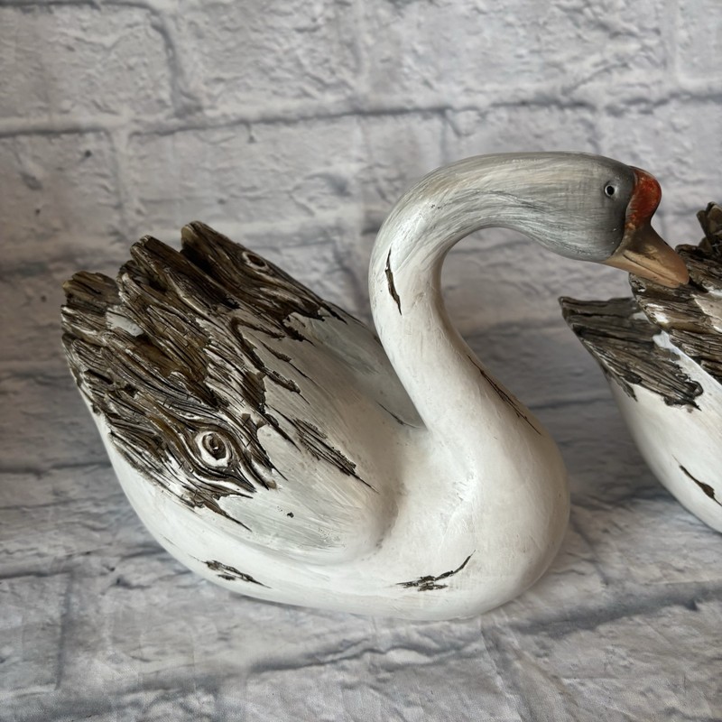 Lot of 2 Swan Decoy Primitive Woodland Cabin Decor Faux Wood Resin gallery