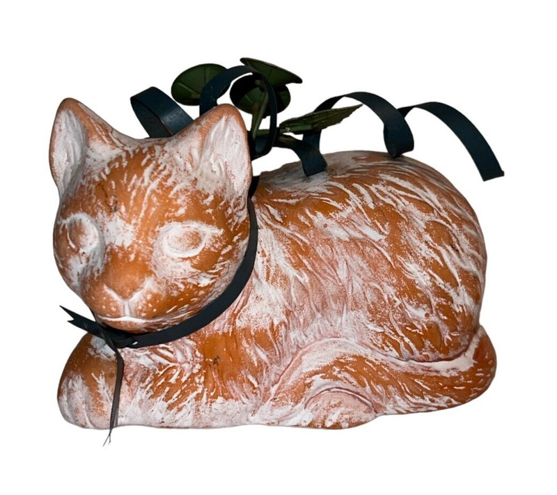 Terracotta Clay Sleeping Cat Figurine Orange White Green Metal Ribbon