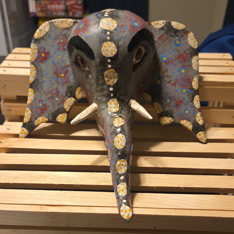 Hand-Painted Papier Mache Elephant Wall Mask, Gray/Multicolor Animal Decor