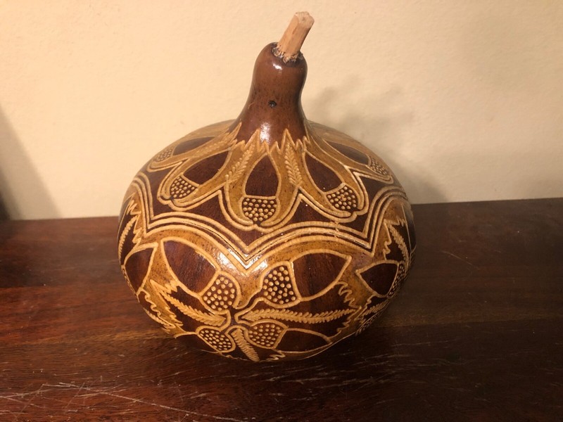 Portuguese Folk Art Hand Carved Gourd Serving Bowl w/ Lid & 11 Cocktail Sticks 
