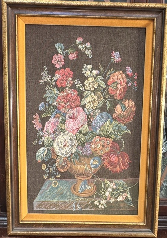 Vtg FRENCH Wall Hanging Tapestry Still Life Flower Bouquet Framed 16” x 23.75”