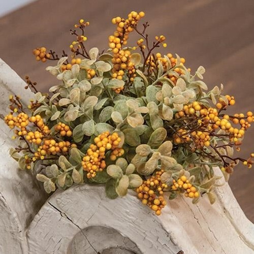 New Primitive Farmhouse FALL MUSTARD BERRY EUCALYPTUS SPHERE Half Ball 9″
