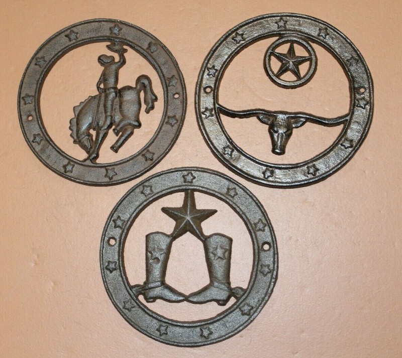 Western Style Cast Iron Plaques Texas Longhorn Cowboy Rodeo Barn Horse Design
