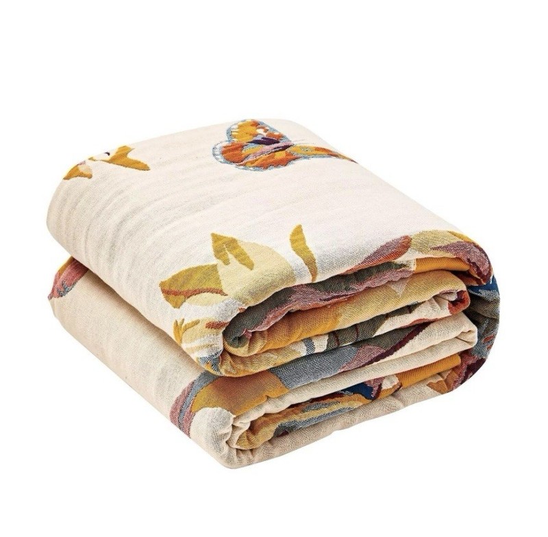Bohemian Blanket Ivory/Blue Floral Bird & Butterfly60x80 reversible, yellow edge