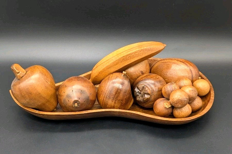 Vintage Retro MCM Carved Wooden Fruit with Paisley Bowl Banana Mango 9 Pc