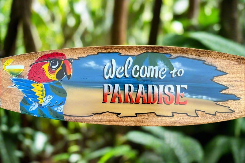 Welcome To Paradise Parrot Airbrushed Surfboard Wall Plaque 39″x 10″