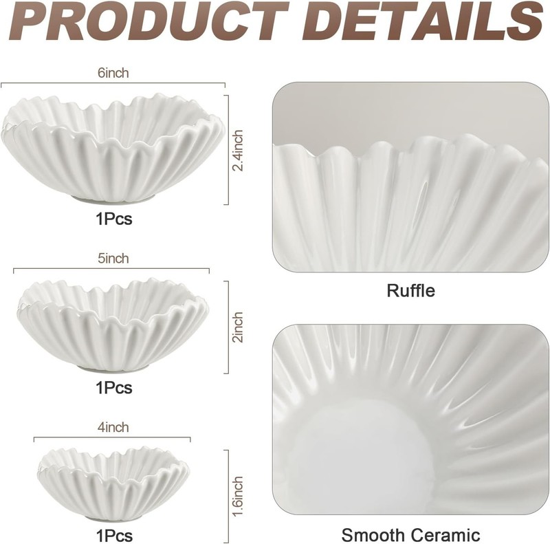 Stylish 3-Pc Ceramic Ruffle Bowl Set – Decorative Centerpiece for Any Occasion gallery