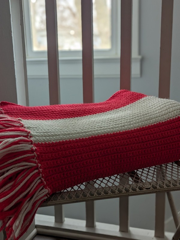 VTG Red and White Love & Liberty Crochet Large Afghan Blanket Fringe 60 X 52
