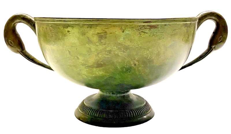 Asian Hand Decorated Faux Verdigris Pedestal Centerpiece Bowl with Stork Handles