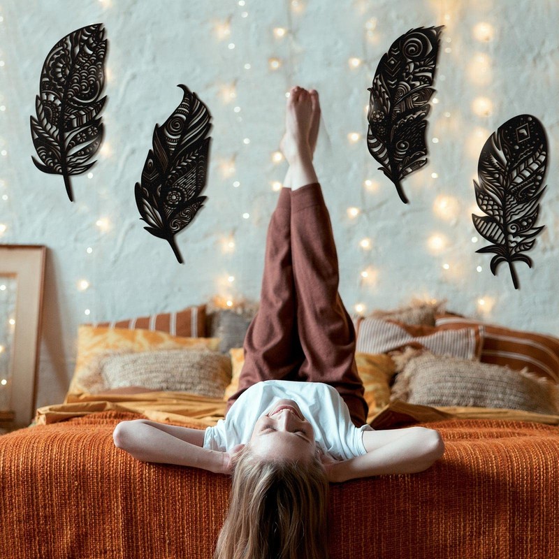 Qunclay 4 Pieces Feather Wall Decor Wooden Feather Wall Art Boho Wall Decor L... gallery