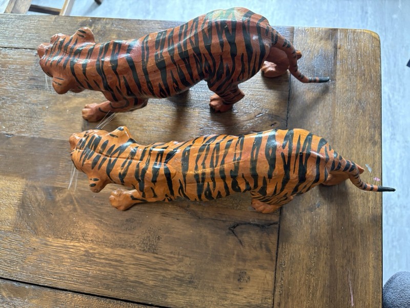 Vintage Tiger Sculptures Pair Papier Mache Leather Wrapped Folk Art gallery