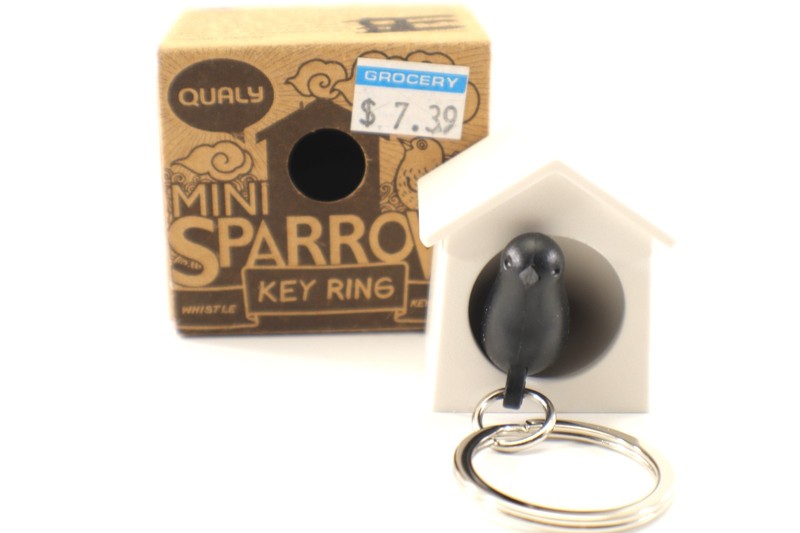 Qualy Miniature Black & White SPARROW KEYRING Whistle Key Holder Plastic