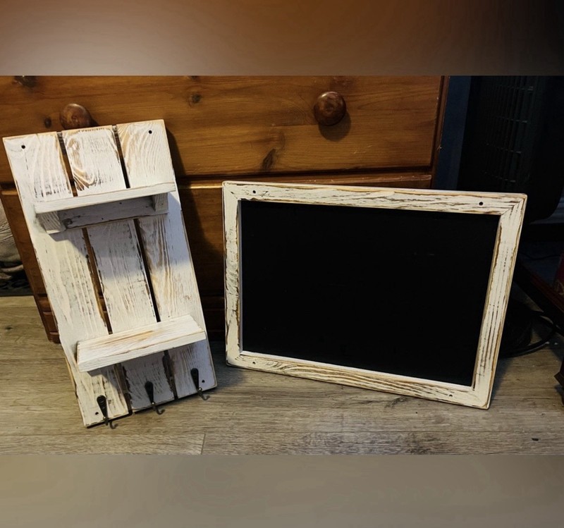 Rustic Distressed White Wood Key & Mail Rack Combo with Hooks Shelf Chalkboard