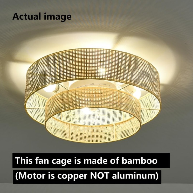 20 inches Flush Mount Bamboo Wicker Boho Ceiling Fan wi/ Light,Bladeless Fandeli gallery