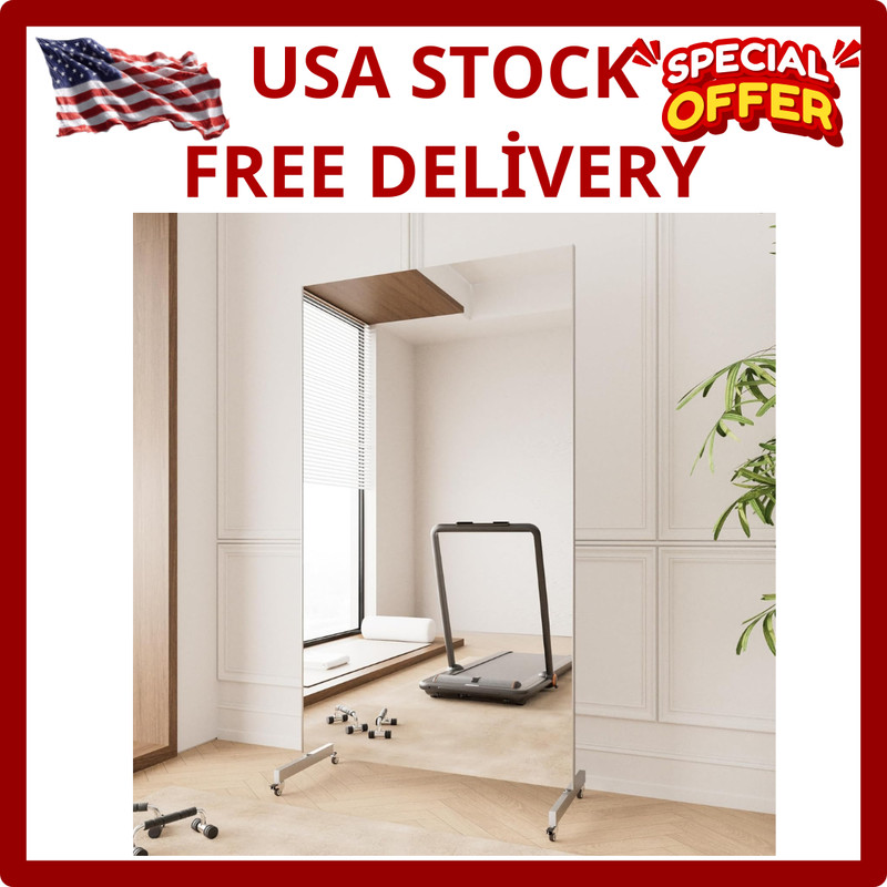 Extra Large 67″ Rolling Home Gym Mirror with 360° Swivel – Unbreakable Black