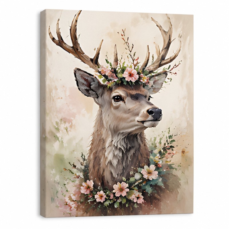 Watercolor Deer Canvas Art, Floral Antlers, Custom Cottage core Gift