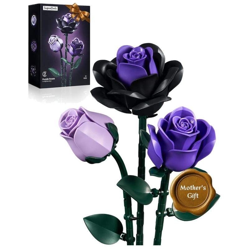 Gothic Purple Rose Building Set – 3 Stages of Floral Beauty for Home Decor