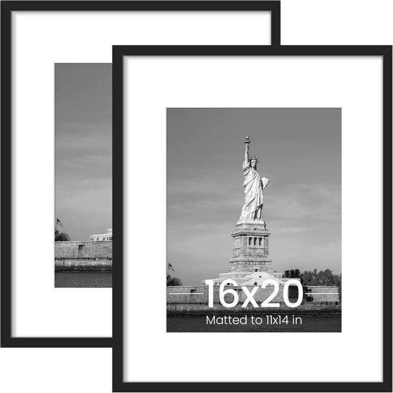 16×20 Black Picture Frames 2 Pack for 11×14 with Mat or 16×20 No Mat