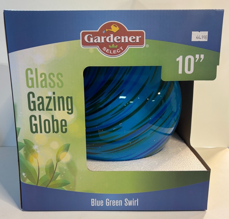 NEW Glass gazing globe blue green swirl abstract yard art 10×10″