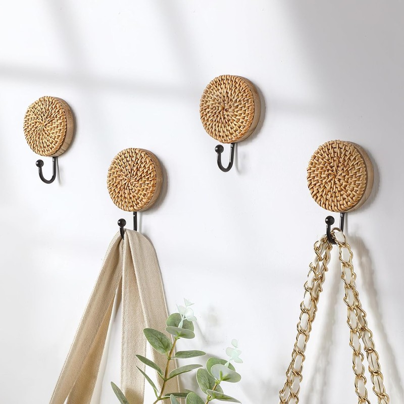 4 Pcs Boho Rattan Wall Towel Hooks Decorative Woven Hanging Holder Farmhouse