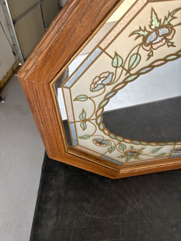 Vintage 80's Octagonal Floral Etched Mirror Retro Stained Glass Wood Frame Pink gallery