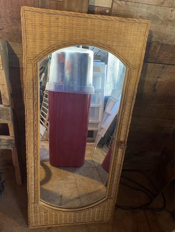 Vintage Wicker Framed Floor Wall Mirror Approx 41” X 18”