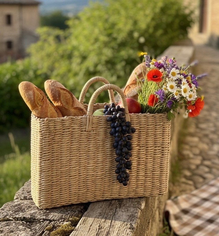 Rustic Fiber Tote Basket – Boho Farmhouse Market Decor – (9″ x 16″ x 4 1/2″)
