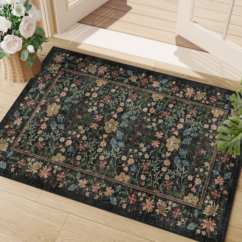 2×3 Entryway Rug, Floral Washable Area Rug with Non Slip Indoor Door Mat,