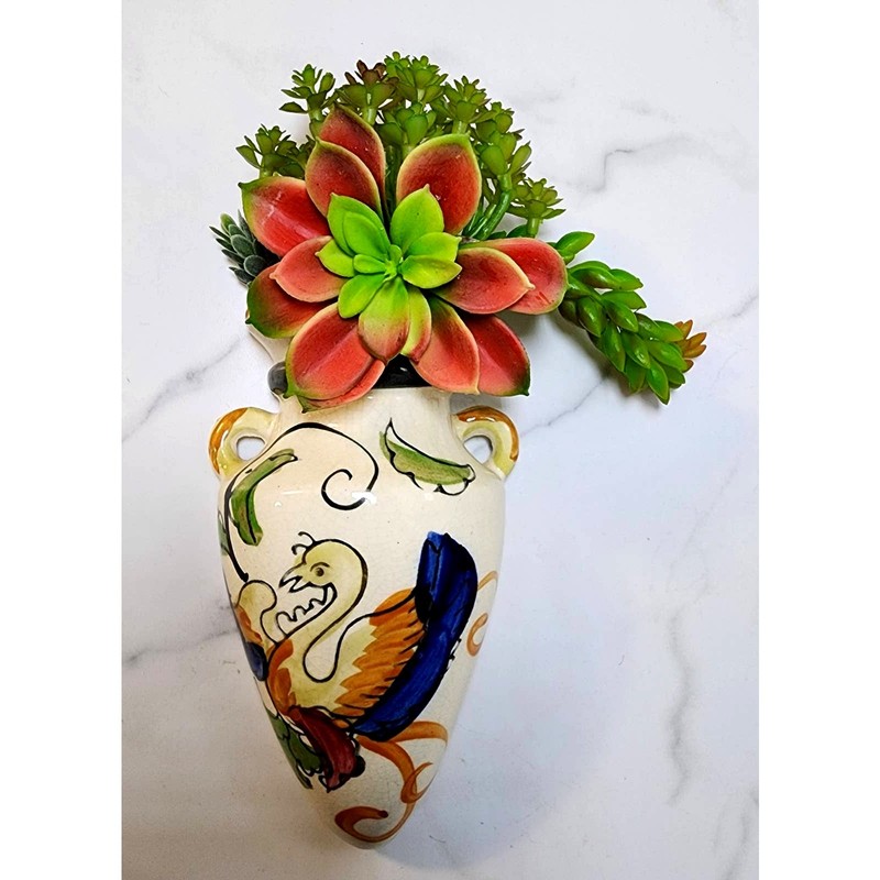 Vintage Japan Floral Bird Wall Pocket Vase Hand Painted Urn Shape 1940s gallery