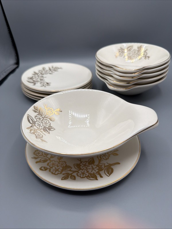 Vtg Set Handled Bowl Plate Set- Knowles USA 52-9 52-7 Gold Rim Floral design