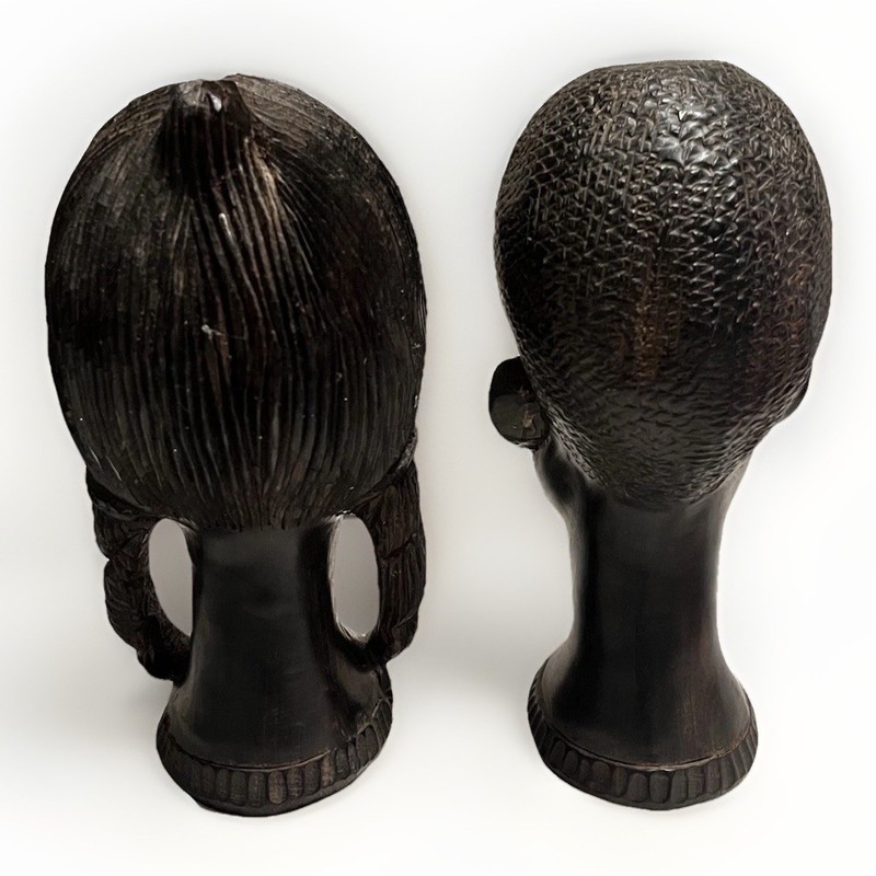 Pair Hand-Carved Wooden Bust Sculptures Male Female Figurative Art gallery