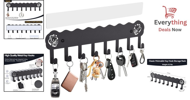 Wall Mounted Metal Key Holder 8 Hooks Self-Adhesive No-Drill Entryway Rack gallery