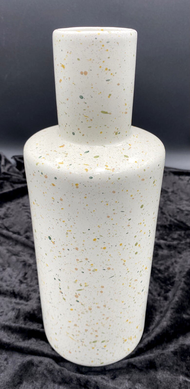 Green and Gold over Off-White Speckled/Splatter Ceramic Vase, 12.25″ Tall