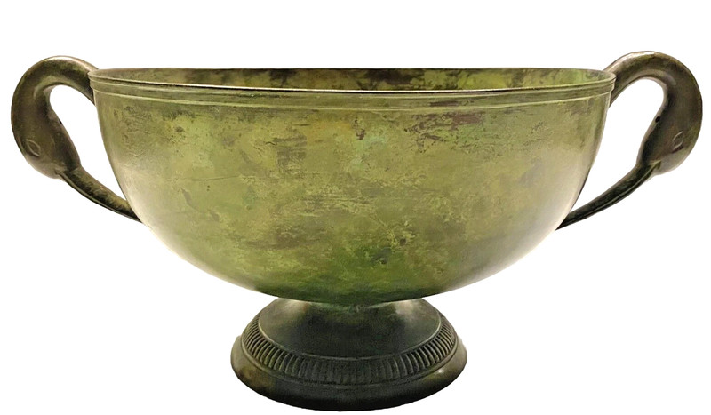 Asian Hand Decorated Faux Verdigris Pedestal Centerpiece Bowl with Stork Handles gallery