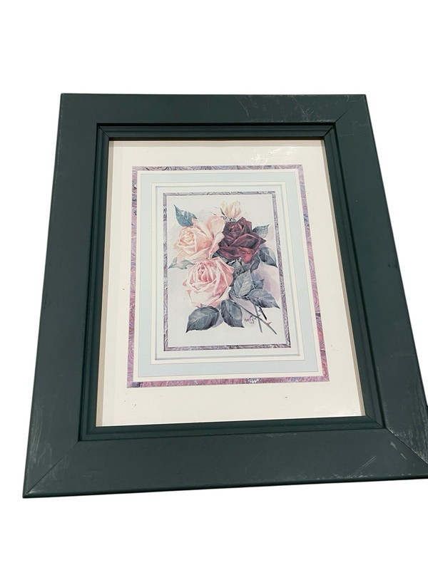 Vintage Botanical Floral Framed Print of 3 Roses In Forest Green Frame 11x13 gallery