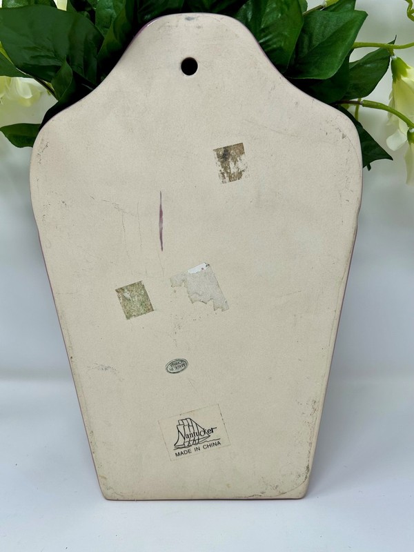 16" Vintage HANGING Pink Dragonfly Ceramic WALL POCKET, Silk White Freesia flowe gallery