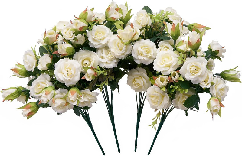 Small White Mini Roses Bouquet, Realistic Creamy White Flowers, Faux Wildflowers
