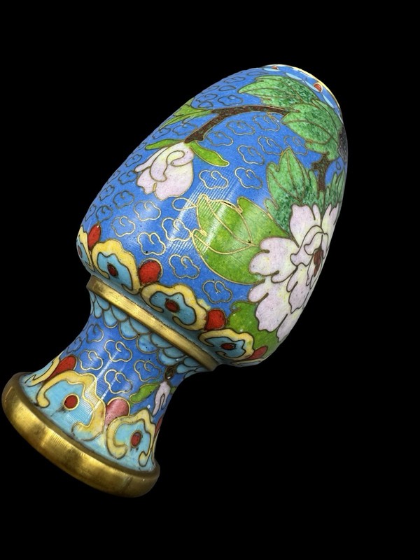 Vintage Cloisonne Vase 4 Inch Floral Enamel Brass Blue Green White Bud Vase gallery