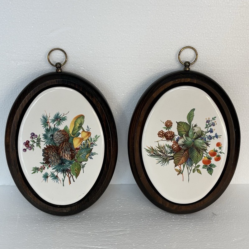 Vintage Wood And Tile Wall Plaques Pine Cones Mushroom Berries 2 8 X 5 1/2
